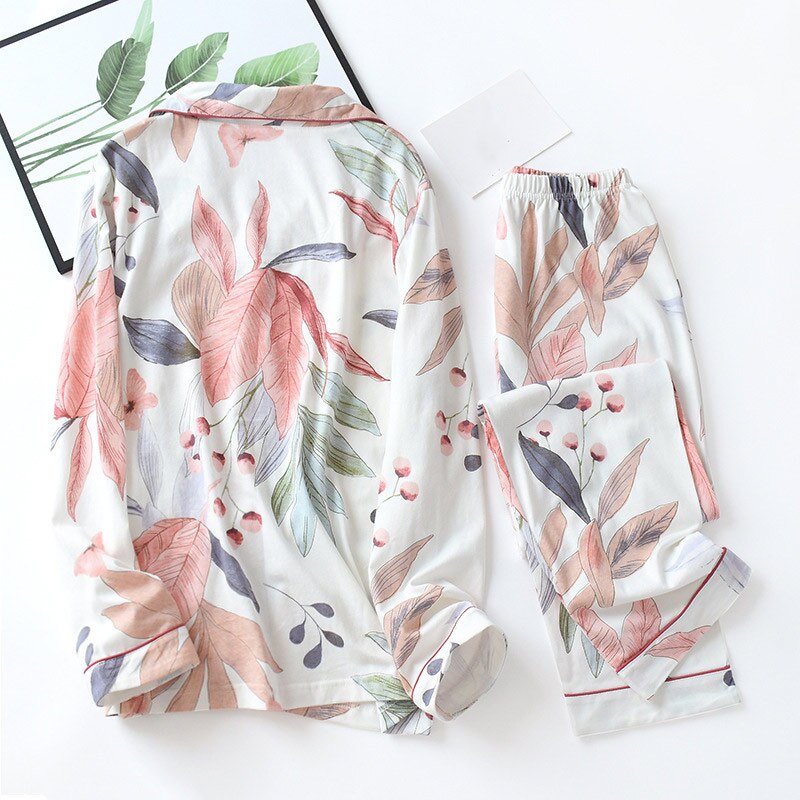 100% Cotton Leaves Print Long Sleeve Women Pajama Set Turn Down Neck Pockets Lady Homewear Set Spring Autumn Female Lounge Suit