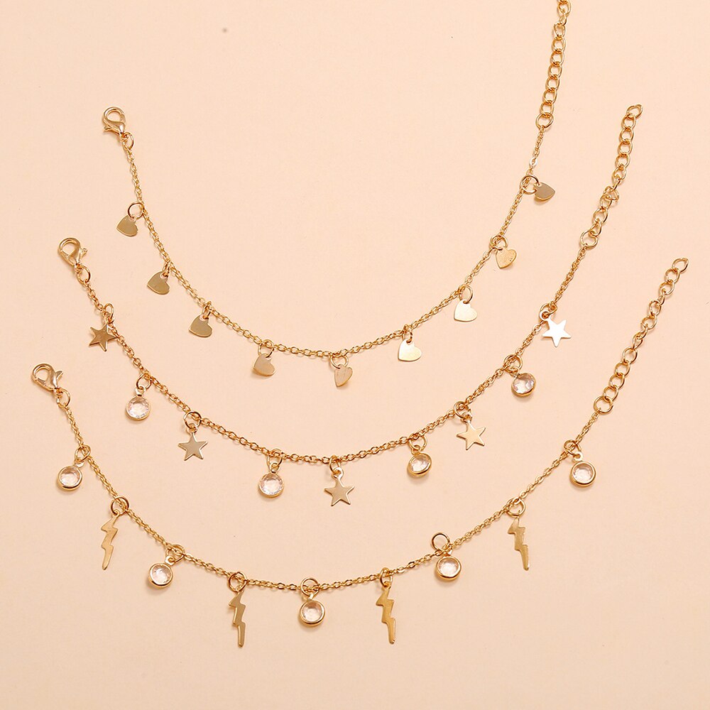 Modyle Bohemian Crystal Anklets for Women Boho Gold Heart Star Anklet Multilayer Foot Bracelet on Leg Beach Anklet Jewelry