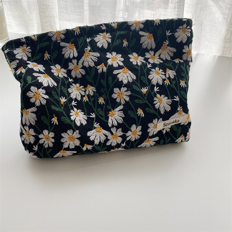 Retro blomstret makeup rejsetaske bomuld telefon clutch bærbar kosmetik taske lynlås skønhed etui kvindelig nødvendighed organisator: Kosmetisk sort