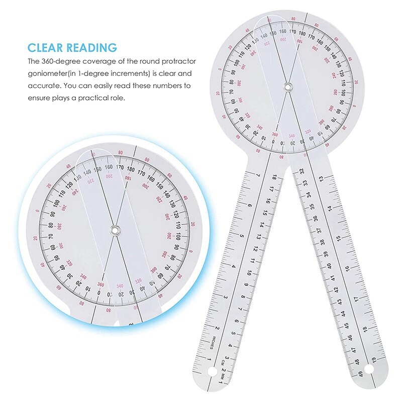 3-Piece Goniometer 6/8/12 Inch Occupational Therapy Protractor Tool Measuring Angle Ruler 360 Degree Universal