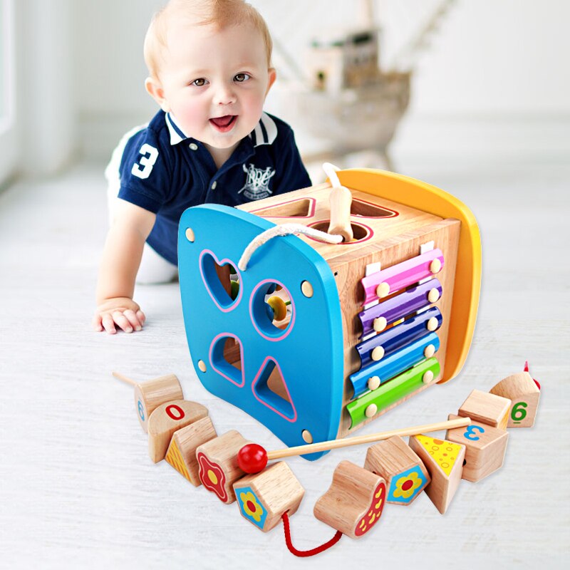 Cartoon Wooden Shape Block Shape Sorting Cube Classic Wooden Toy Easy-to-Grip Shapes Knocking Abacus Beaded Numeral Fruit toy