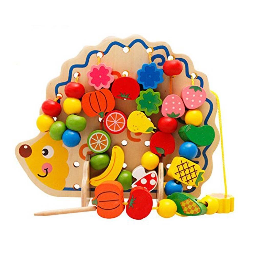 Bedste mwz træfrugter og grøntsager snørebånd & strengperler legetøj med pindsvinbræt til børn over 3 år