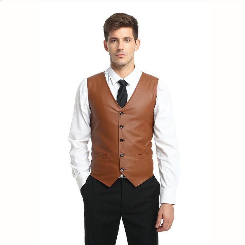 Summer Mens Vest PU Leather V-Neck Collar Vests For Men Slim Fit Single Breasted Chaleco Hombre Plus Size: Light brown / M