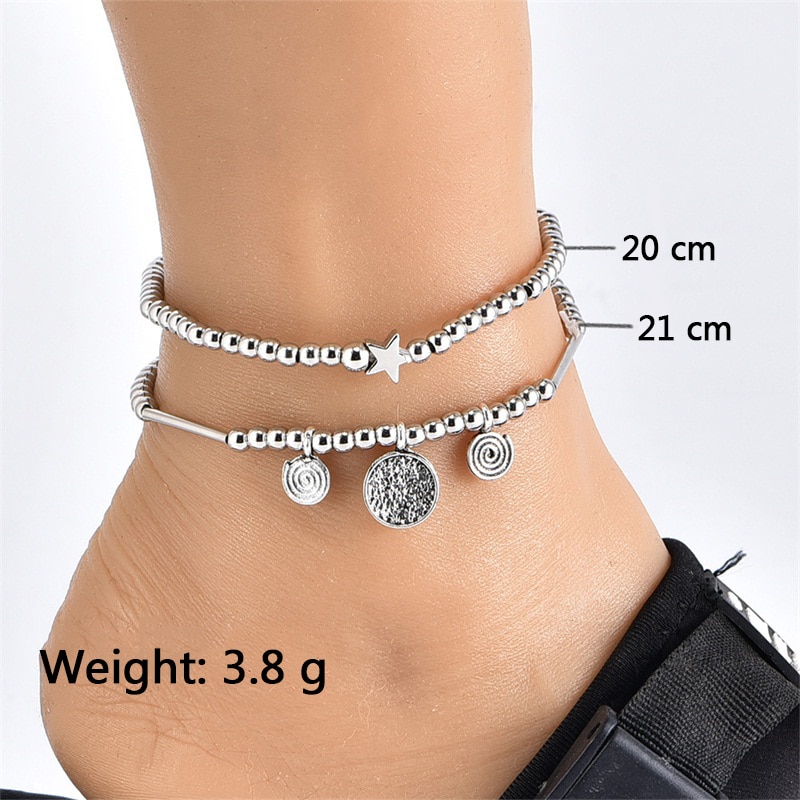 4Pcs/Set Anklets Women Geometric Leaf Beaded Pendant Silver Color Anklet Set Bohemian Charm Beach Jewelry