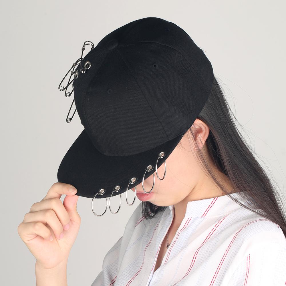 Punk Rock Style Hip Hop Hats Unisex Pin Metal Ring Baseball Cap Black Snapback Caps Tide HipHop Cap Men Women