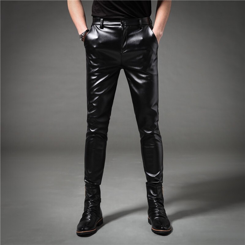 Pantalones pitillo de cuero informales para hombre de primavera y otoño, pantalones pitillo de estilo vintage para motociclismo y punk, pantalones ajustados de estilo coreano para hombre, pantalones para discoteca: 33