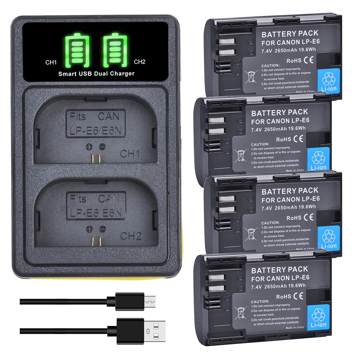 2650 mah lp -e6 lp-e6n batteri + lader for canon eos 6d 7d 5d mark ii iii  iv 5d 60d 60da 70d 80d 90d 5ds r5 r6 xc10 xc15