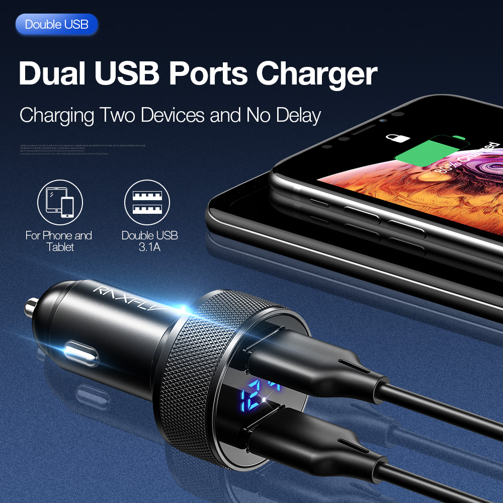 RAXFLY Car Charger Fast Charger $5 off $1 Digital Display 5V2.4A Dual USB Port For Xiaomi iPhone Samsung Phone Charger Charging