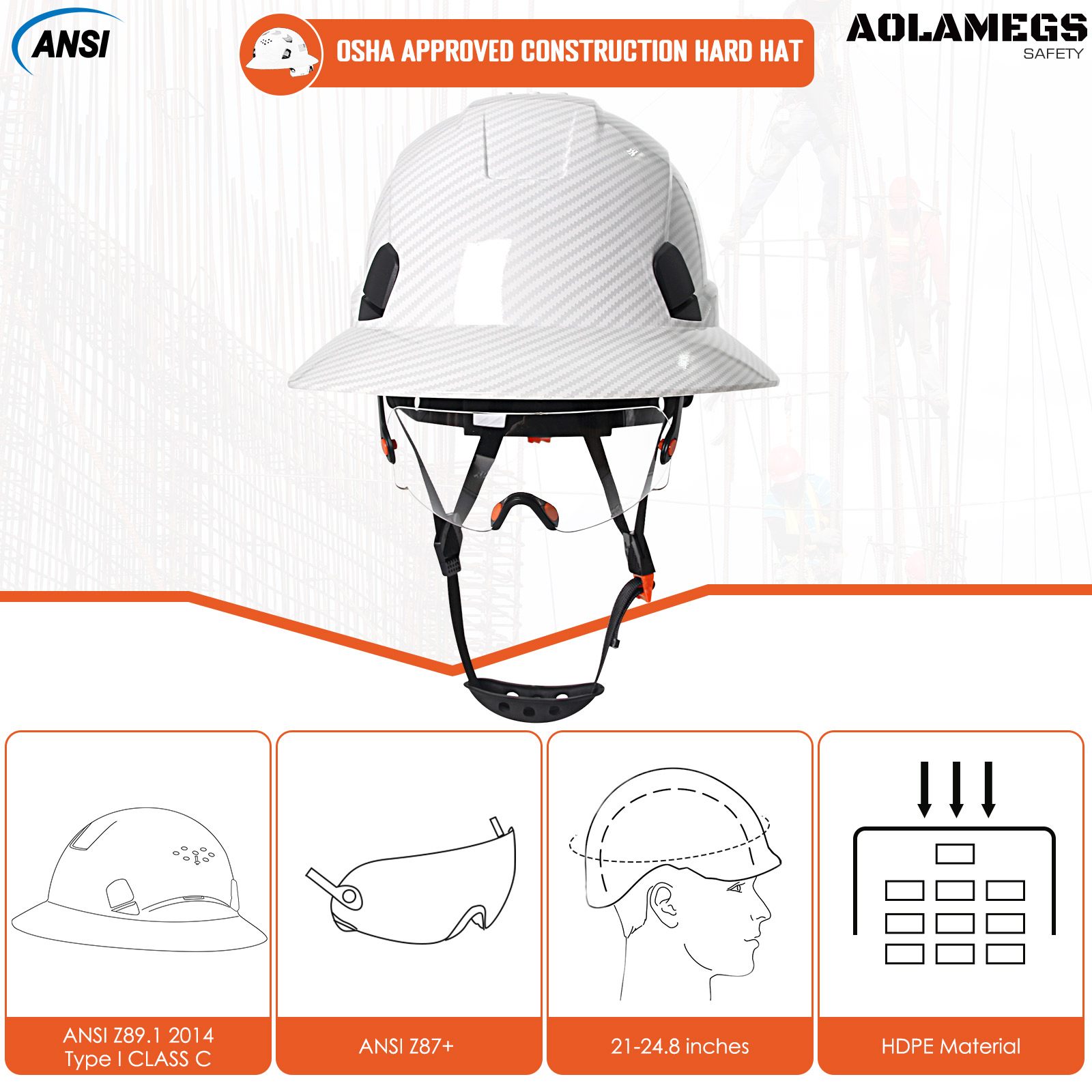 Capacete de segurança ce em fibra de carbono com aba completa e óculos de proteção, construção anticolisão, capacete de segurança ansi para engenheiros, boné de trabalho respirável.