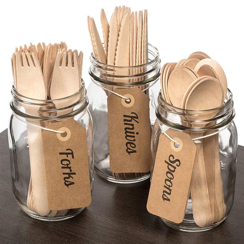 24Pcs Wegwerp Houten Bestek Vorken Lepels Messen Servies Feestartikelen