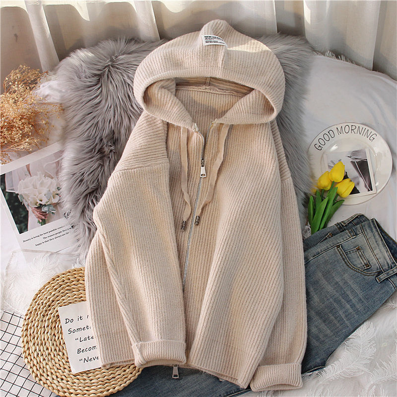 2025 primavera nova moda temperamento grosso cor sólida com capuz malha cardigan casaco com zíper camisola feminina solta topo grosso roupas femininas