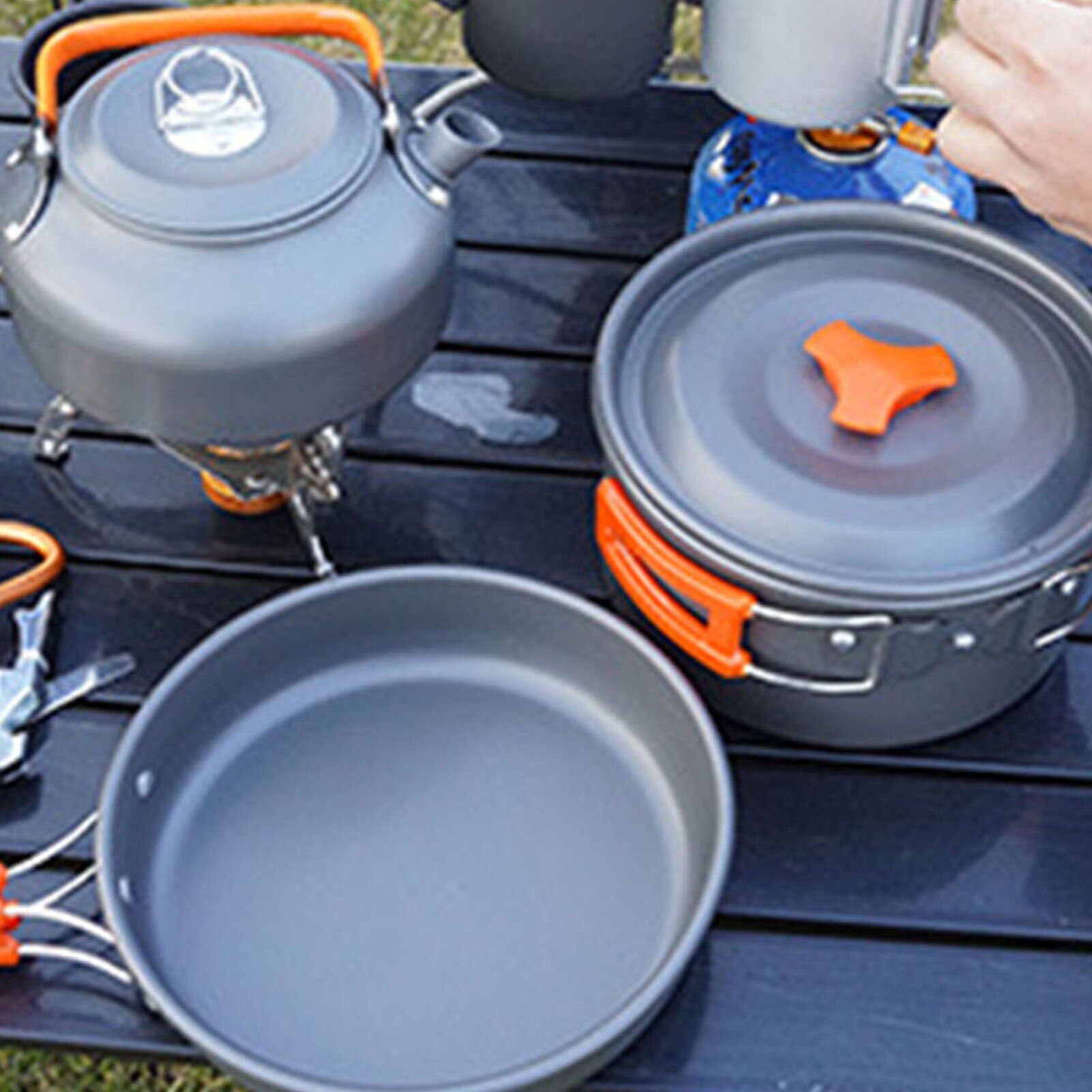 Outdoor Ultralight Camping Cookware Mess Kit with Kettle Pot Pan Plates Cups Fork Spoon Kit Lightweight Camping Cooking Set for