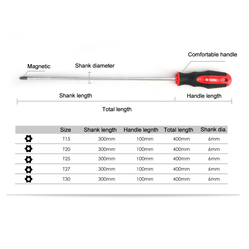 Destornillador Torx Extra largo de 400mm con orificio S2 acero T15 T20 T25 T27 T30, 1 unidad, herramientas manuales de reparación para el hogar