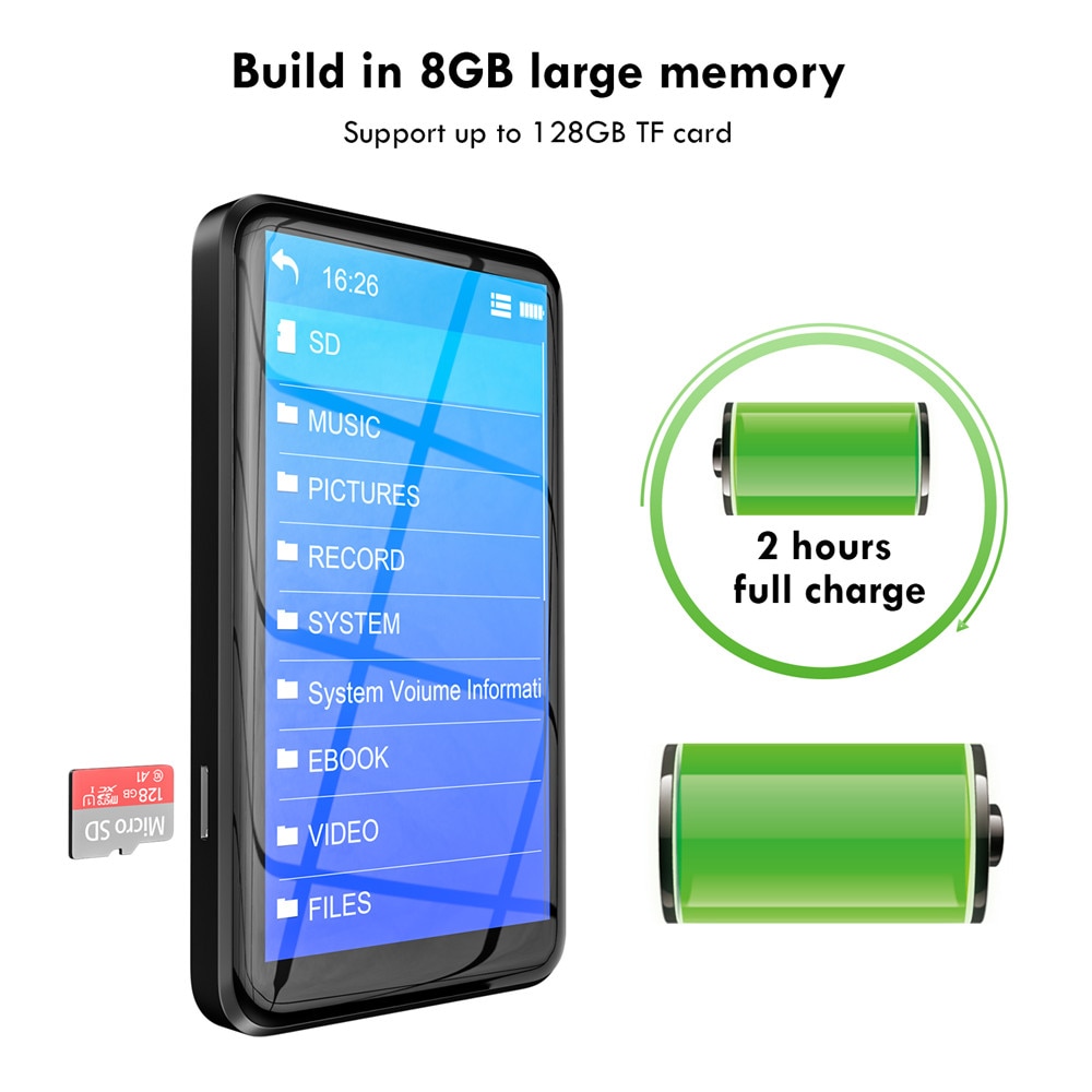 Reproductor MP3 multifunción con pantalla táctil, 8GB de RAM, Bluetooth, altavoz incorporado, Walkman de música HiFi, Radio, vídeo, E-Book, calculadora
