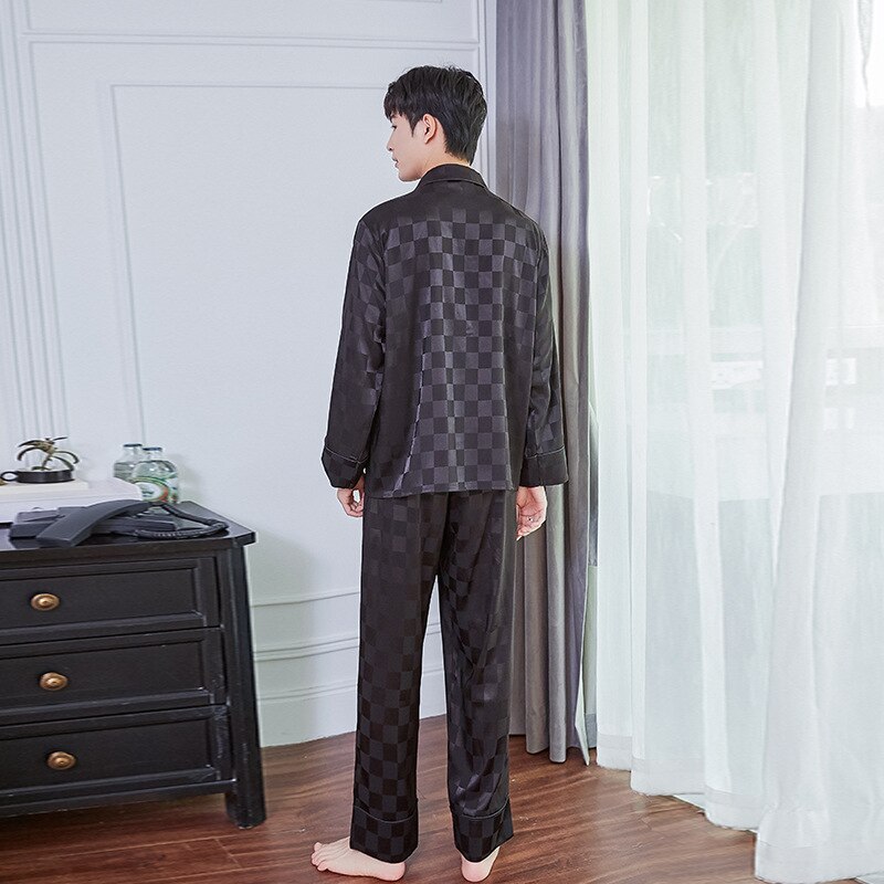 Noble-pijama de seda a cuadros para hombre, conjunto de ropa de dormir, traje de casa para pareja, color negro