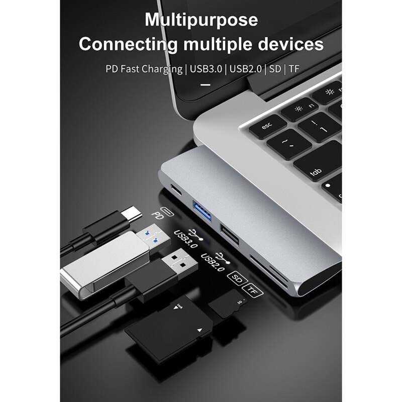 USB-C Hub Adapter, Tragbare 5 in 1 USB Typ C Adapter mit USB 3,0 USB 2,0 Häfen,SD/TF Kartenleser und PD Ladung Hafen