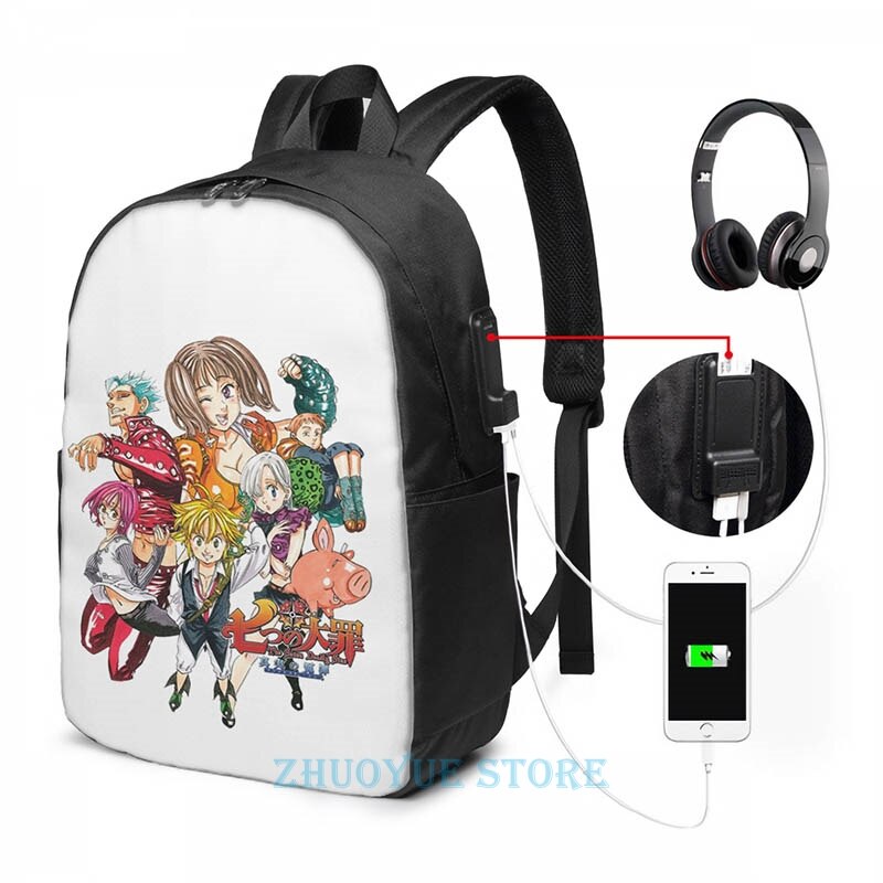 Funny Graphic print Nanatsu no Taizai v3 USB Charge Backpack men School bags Women bag Travel laptop bag: USB Backpack 17 in