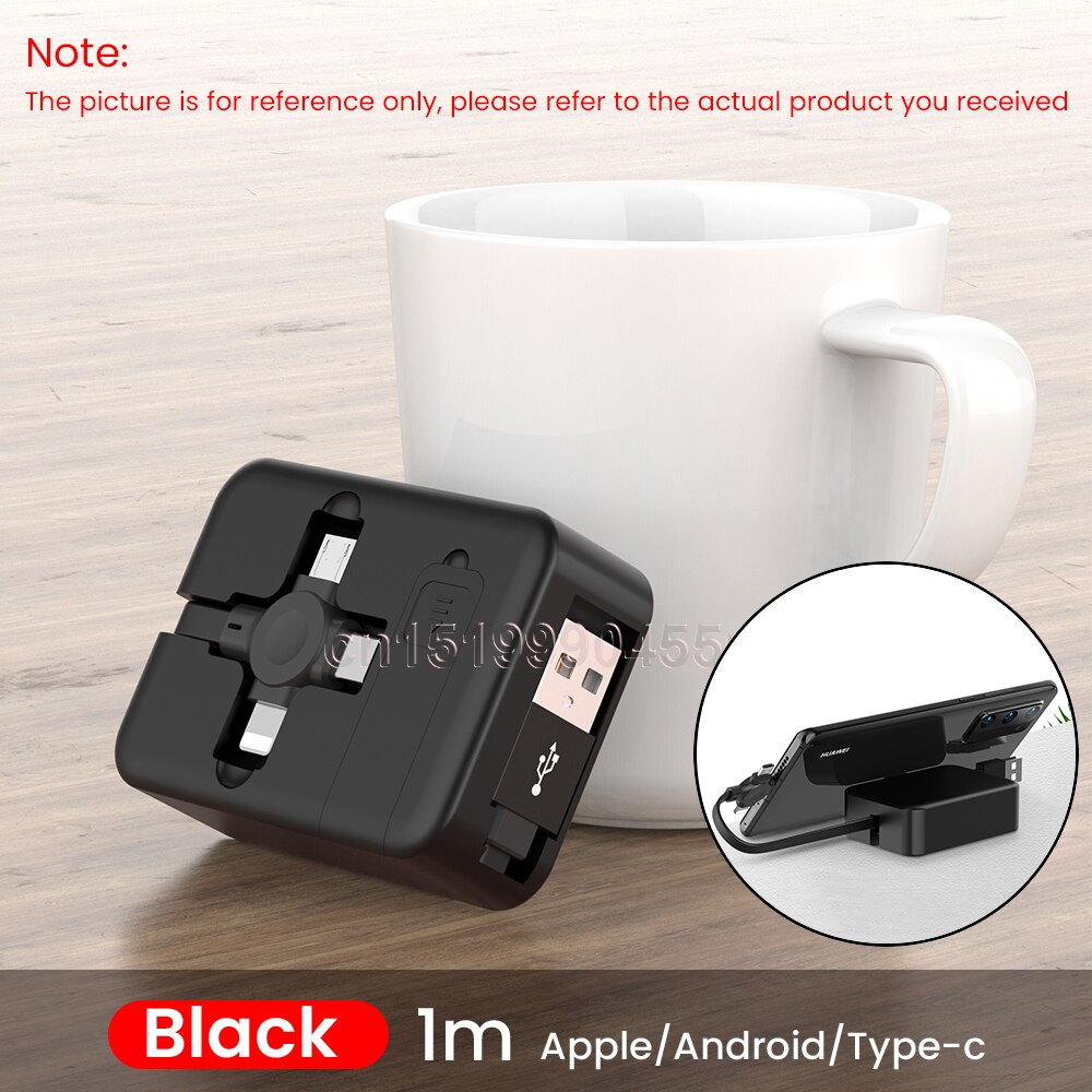 4 in 1 udtrækkelig 8 ben/usb type c/micro usb kabel til iphone 13 12 pro 1m mobiltelefon oplader datakabel ledning med telefonstativ: Sort
