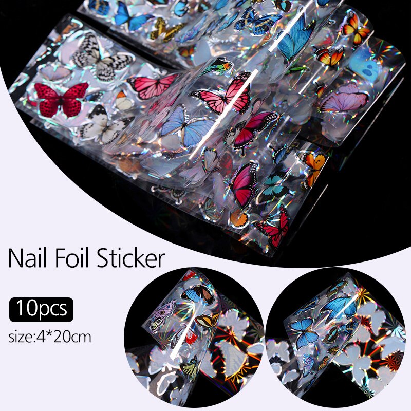 10 Stks/set Nail Stickers Kleurrijke Holographics Vlinder Transfer Stickers Nail Folies Decals Diy Nail Art Decoratie