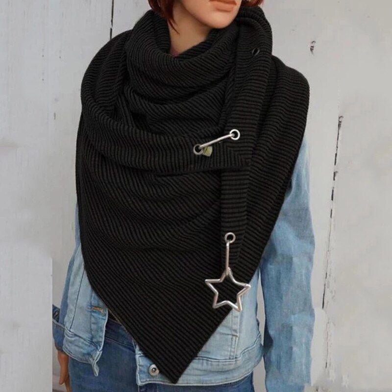 Femmes hiver épaissir grande écharpe avec bouton crochet étoile pendentif décontracté couleur unie côtelé Triangle châle enveloppement extérieur cou plus