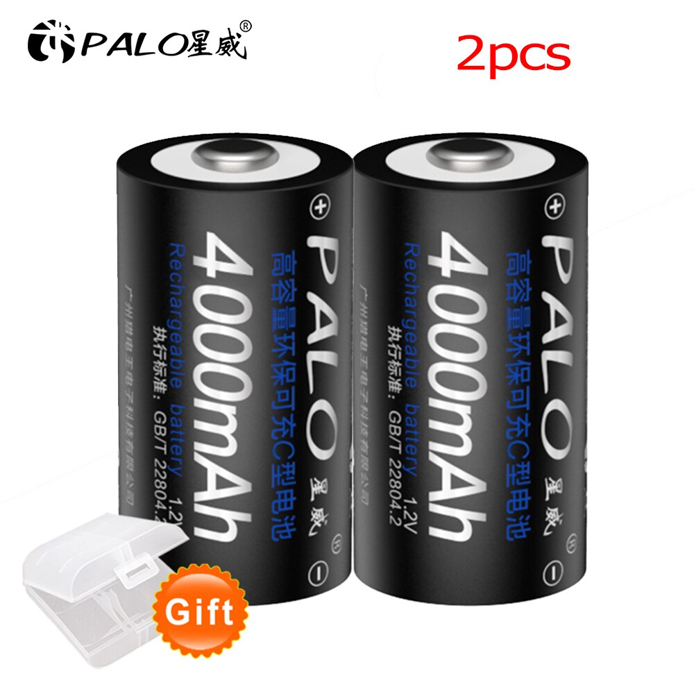 PALO R14 C pile C taille batterie rechargeable 1.2V 4000mAh NI-MH + intelligent de charge rapide chargeur LCD pour AA AAA C D 9V: 2pcs battery