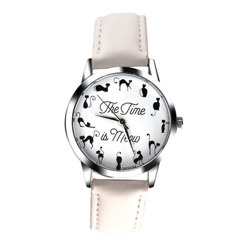 Vrouwen Horloge Leuke Kat Afdrukken Casual Dames Quartz Horloges Lederen Band Meisje Horloge Clcok Fi: WHITE