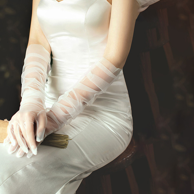 Lange transparente Tüll handschuhe ultra dünne dehnbare Voll finger handschuhe Mesh Ellenbogen Hochzeit Braut handschuhe Halloween Zubehör