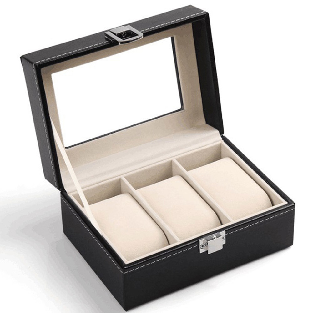 Caja para reloj, caja de almacenamiento de cuero artificial, Cajas de para joyería, organizador de cuero de imitación de alta gama, 3 ranuras para rejilla, joyero para relojes: Default Title