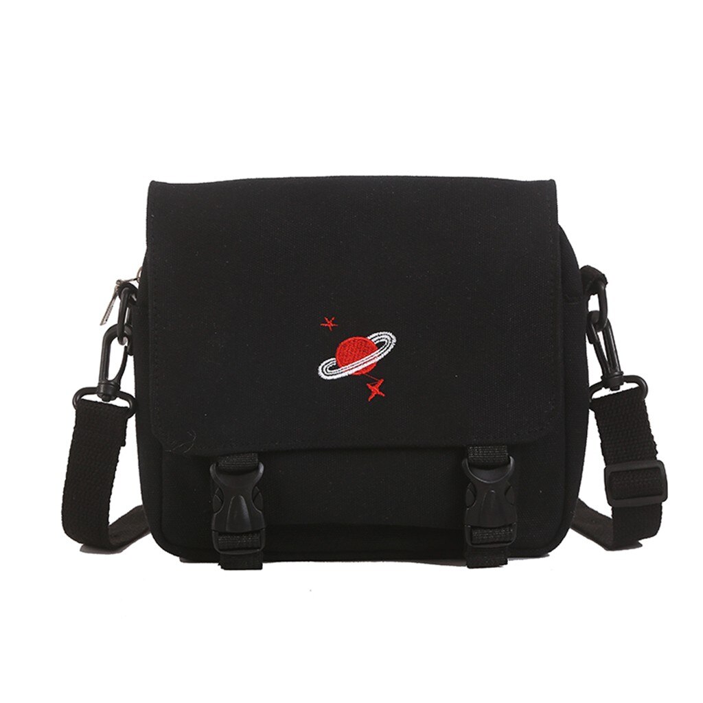 38# Canvas Shoulder Bag Ladies Embroidered Messenger Bag Canvas Handbag Buckle Cartoon Shoulder Bag Hand Bags: Black