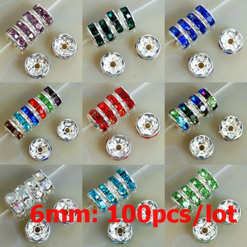 6mm 100 sztuk Metal srebrny Plated kryształ Rhinestone Rondelle koraliki dystansowe luzem koraliki dla DIY akcesoria do wyrobu biżuterii Supplie