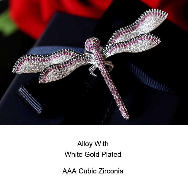 RED TREES Dragonfly Brooch - Women's Elegant Insect Pin Jewelry - White Gold & Zircon - 6.8cm