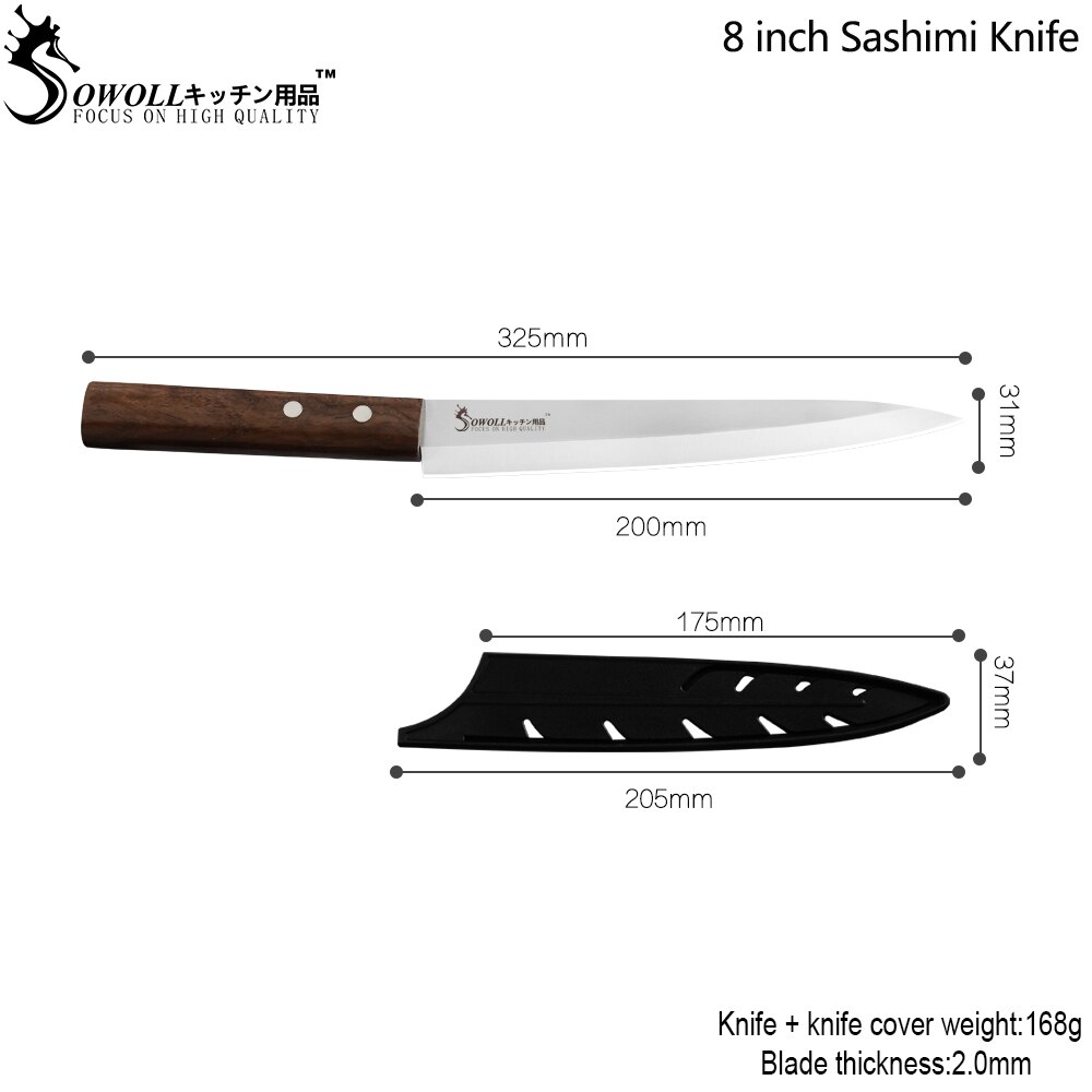 Sowall-keittiöveitsi ruostumattomasta teräksestä, korkea hiilikuitu, terävä terä, värillinen puukahva, sashimi-veitsi, liha-sushi-kala, vasen oikea käsi