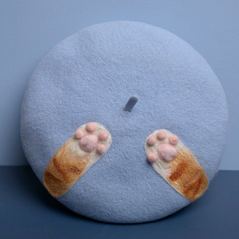 Gorro boina de pintor de fieltro de lana para otoño e invierno, gorro de gato con bolas de mano suave para niña bonita y divertida