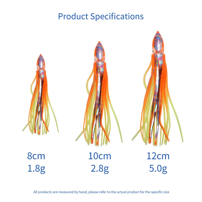 8/10/12cm saias de lula macia luminosa pesca no mar polvo fakebait atum isca de pesca biônico lula isca barco equipamento de pesca