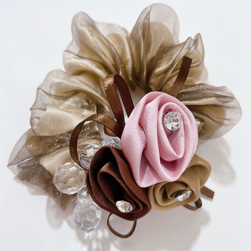 coreana, cuerda para el cabello con perlas, banda para el cabello con flores rosas, lazos para el cabello con diamantes de imitación, banda de goma, joyería para el cabello, accesorios para el cabello para mujer