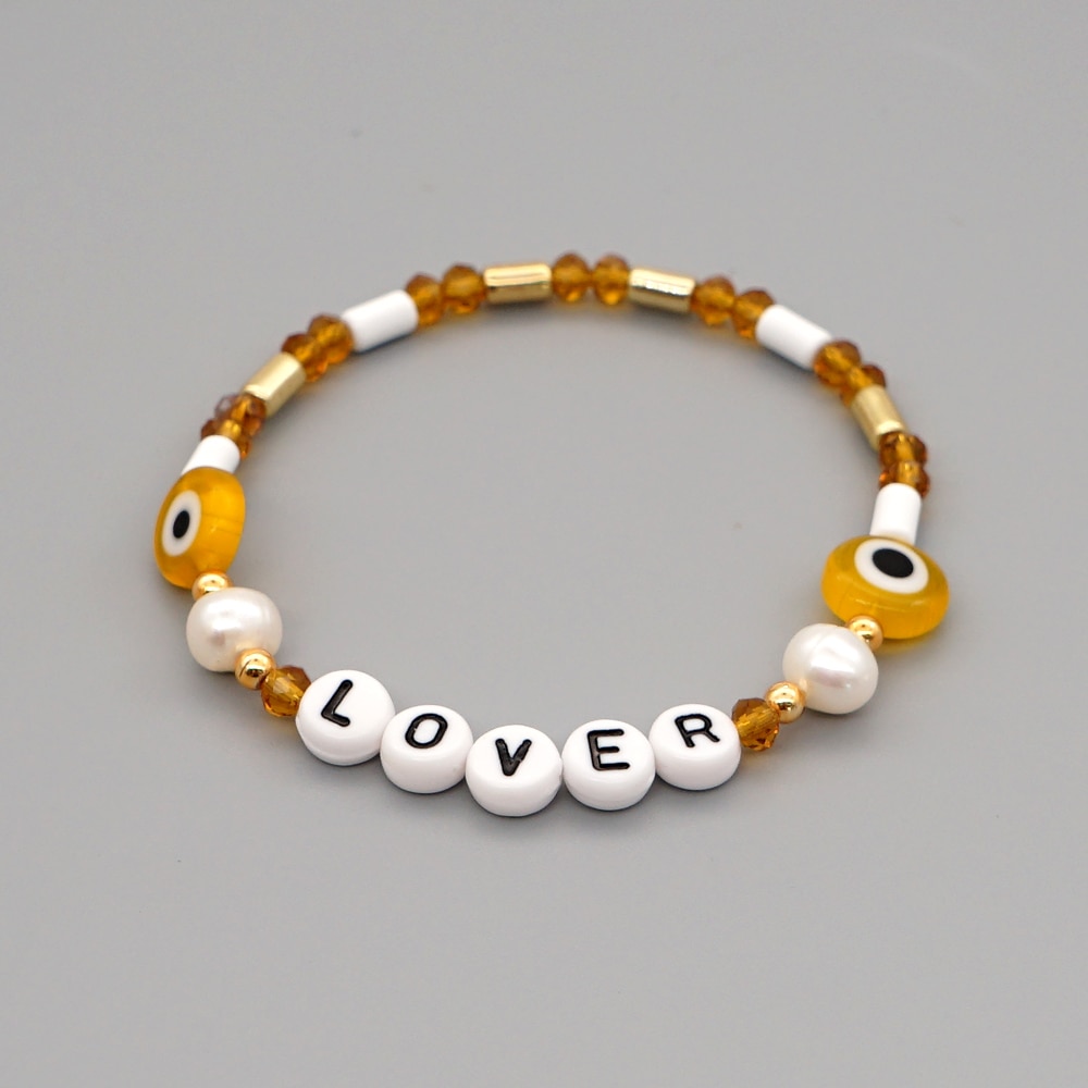 Shinus LOVER Letter Bracelets Enamel Tube Beaded Bracelet For Women Evil Eye Pearl Crystal Pulsera Mujer Summer Jewelry