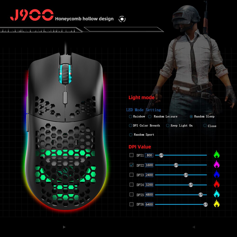 AVATTO-Ratón de juegos con cable USB RGB con Fast 6400 DPI, ergonómico hueco de panal de abeja retroiluminado, ratones de jugador para jugador de ordenador