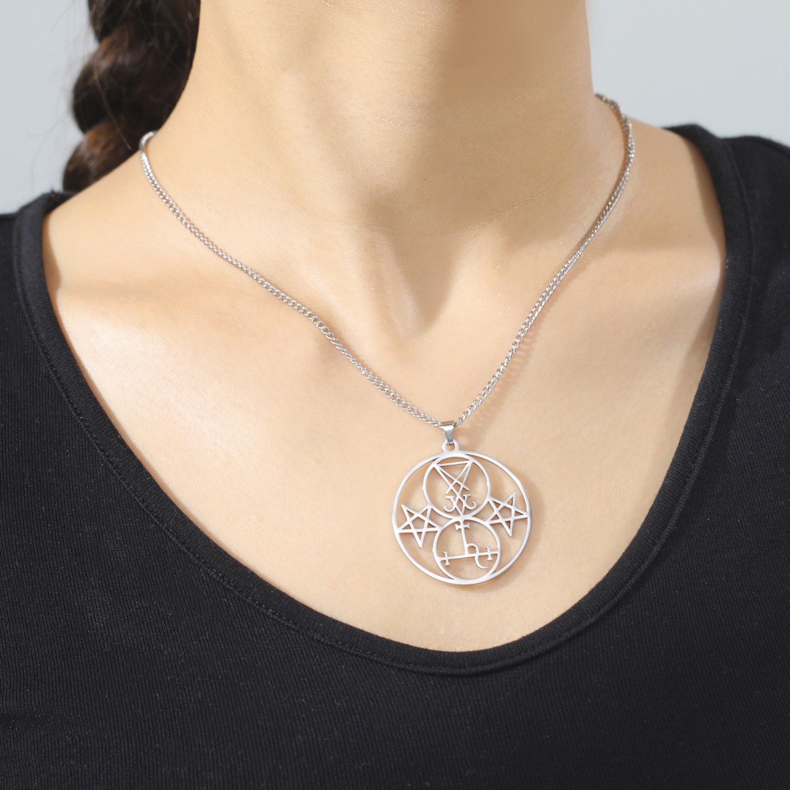 EUEAVAN Sigilo de Lucifer Lilith doble sello colgante collar Iglesia Satán demonio satánico acero inoxidable pentagrama amuleto joyería