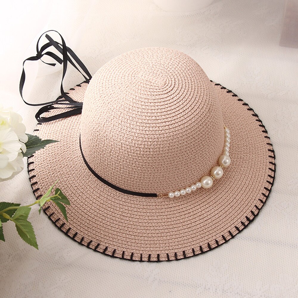 zomer Mode Zomer vrouwen Opvouwbare Wide Brim Grote Elegante Parel Strand Zonnehoed Stro Strand Cap Voor dames Meisjes: 3