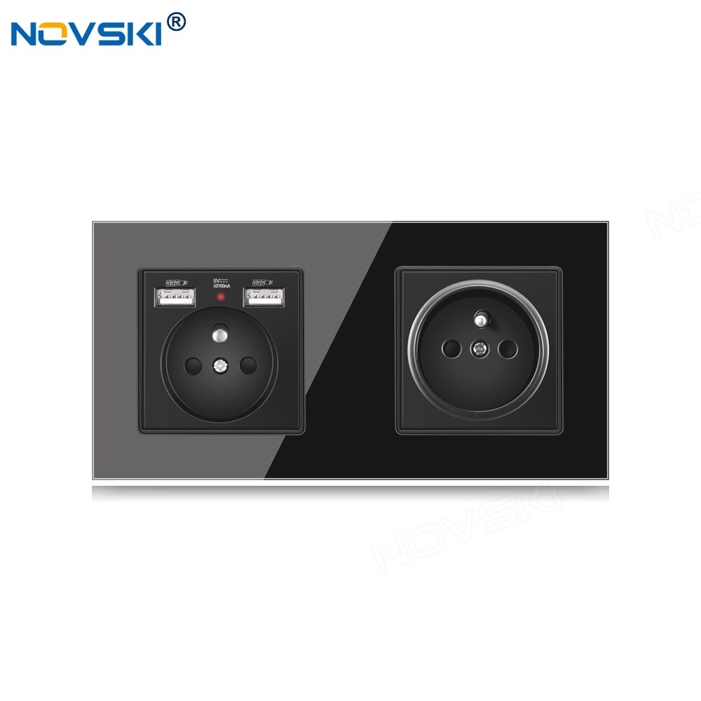 Novski Eu Franse Muur Kristal Glas Zwart Paneel Stopcontact 2 Frame 86*172 Mm, ingebouwde Led Voor Usb Charger: glass panel  2-USB