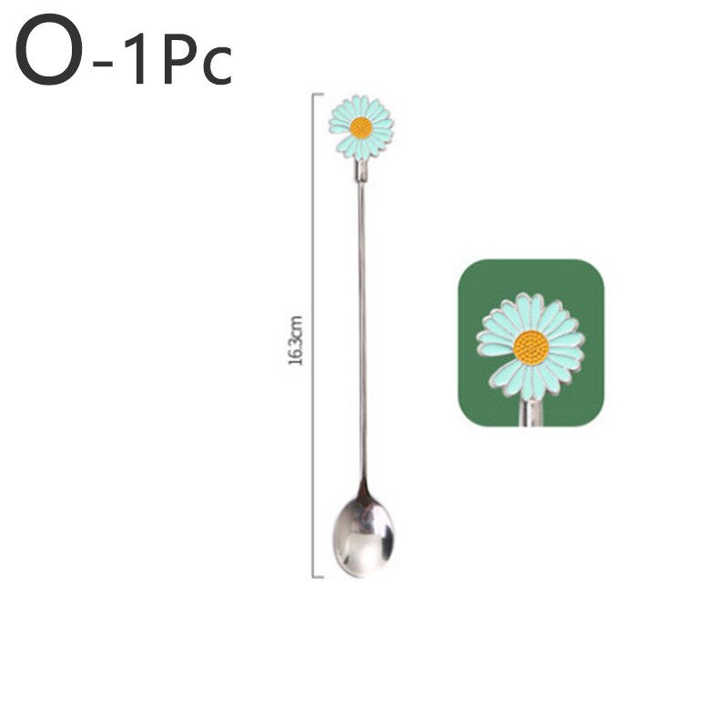 Cherry Blossom Daisy Pattern Spoon Fork Stainless Steel Thin Handle Tea Spoon Coffee Stirring Dessert Fork Tableware: O