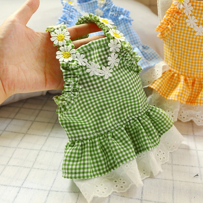 Summer Dog Dress Plaid Clothes For Small Dog Party Dog Skirt Puppy Flower Lace 3 Color XS S M L XL