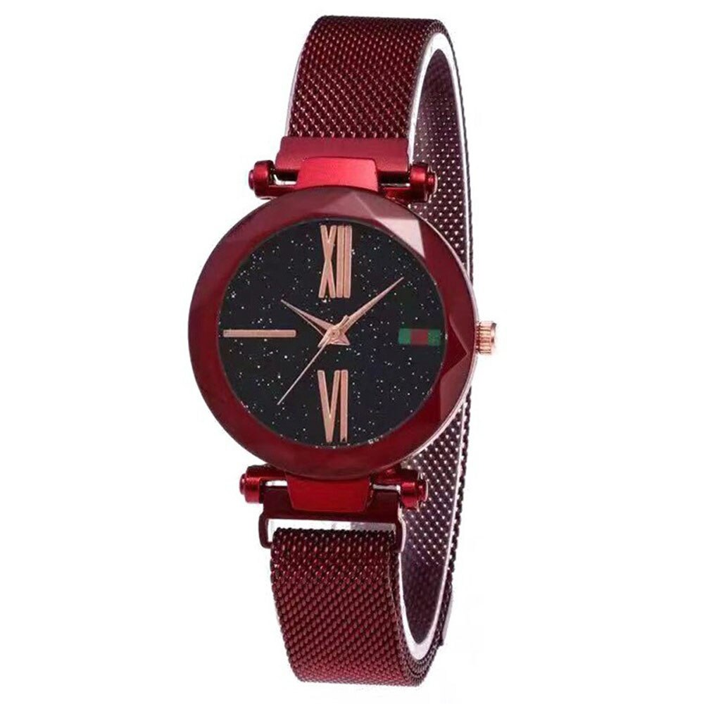 Luxury Rose Gold Women Watches Minimalism Starry sky Magnet Buckle Casual Female Wristwatch Waterproof Roman Numeral: Red