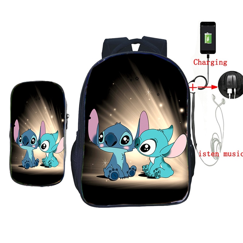 USB Opladen Rugzak Jongens Meisjes Stitch Gedrukt Rugzak Schooltassen met Etui 2 stks/set Casual Reizen Shouler Rugzak