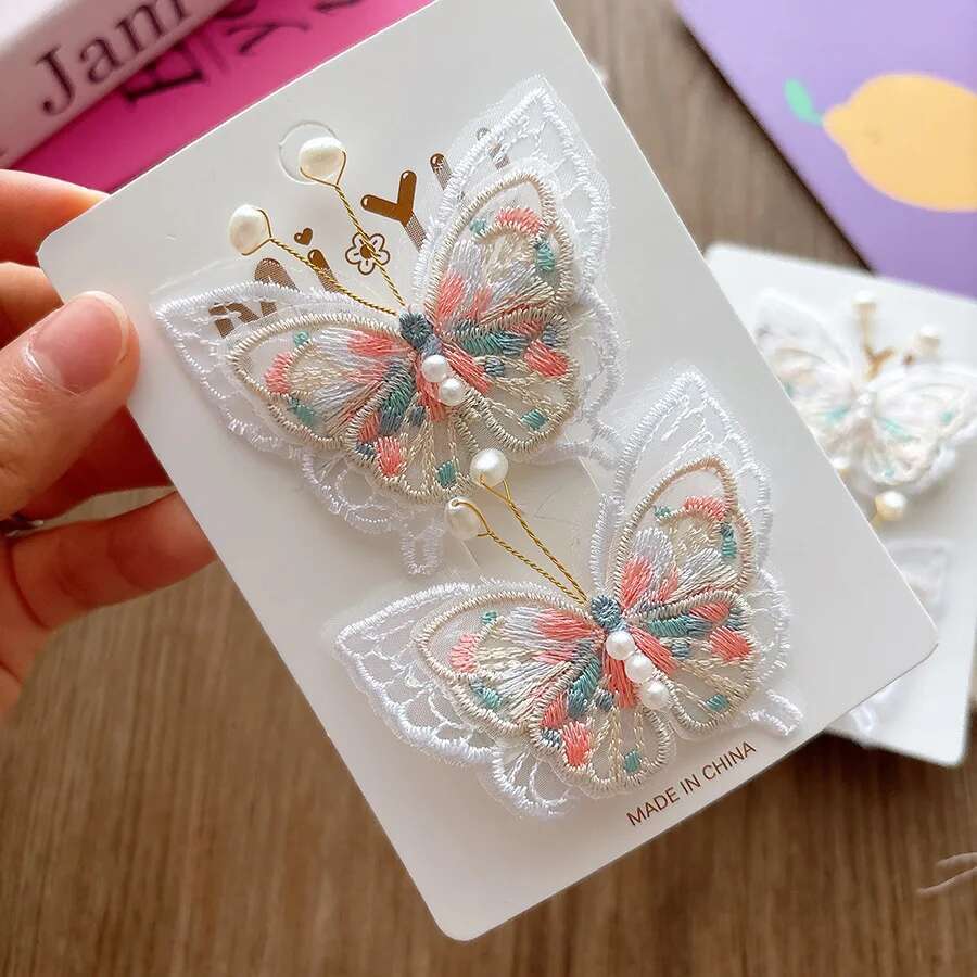 2 piezas de horquillas con forma de mariposa y perlas bordadas para niños, pinzas para el pelo, pasadores, accesorios para el cabello