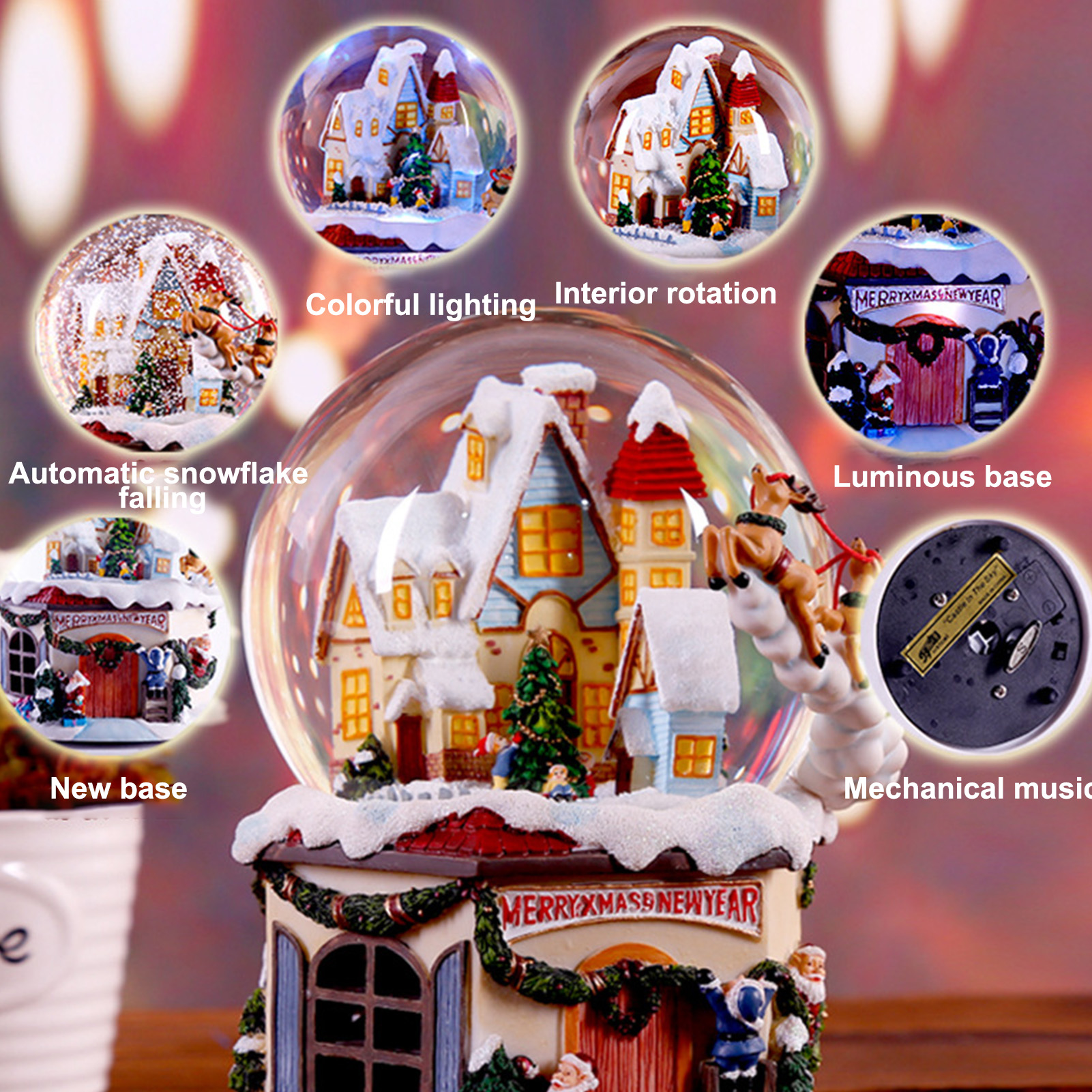 Bola de cristal de Navidad multifuncional 4 en 1, bola de nieve, caja de música de resina luminosa, de cumpleaños, , decoración de boda