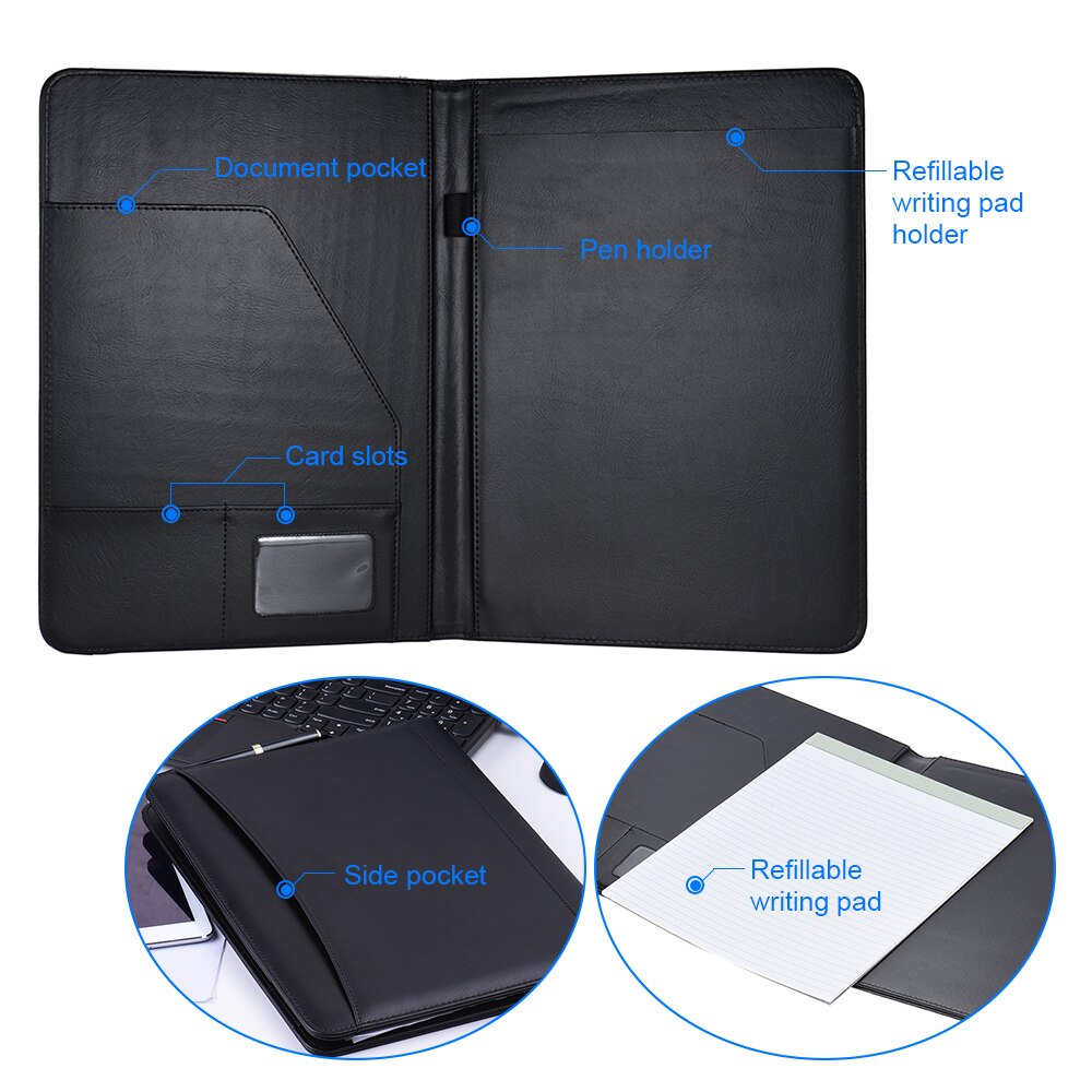 A4 PU Folder Bag Leather MultifunctionalBusiness Portfolio Padfolio Folder Document Case Organizer with Business Card Holder