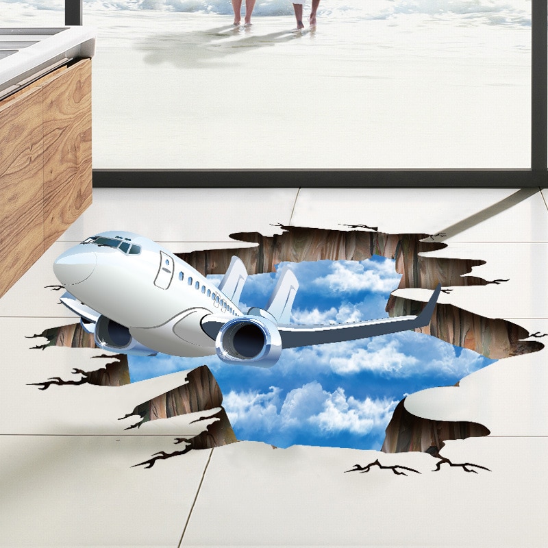 3D Muurstickers Blauwe Hemel Wolken Vliegtuigen Muurstickers Voor Kids Baby Kamers Woonkamer Badkamer Poster Vloer Decoratie