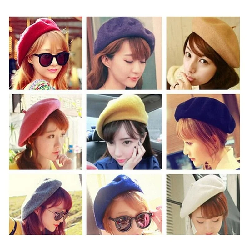 Kobiety Dziewczyny Beret Francuskie wełniane czapki Ciepła zimowa czapka Berety Vintage Berety w jednolitym kolorze Eleganckie damskie czapki zimowe Czapki