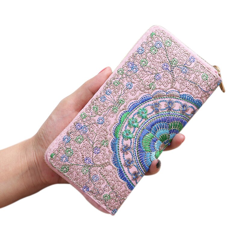 Celebrity style broderet blomsterpung lang pung til kvinder bærbar id kreditkortholder clutch